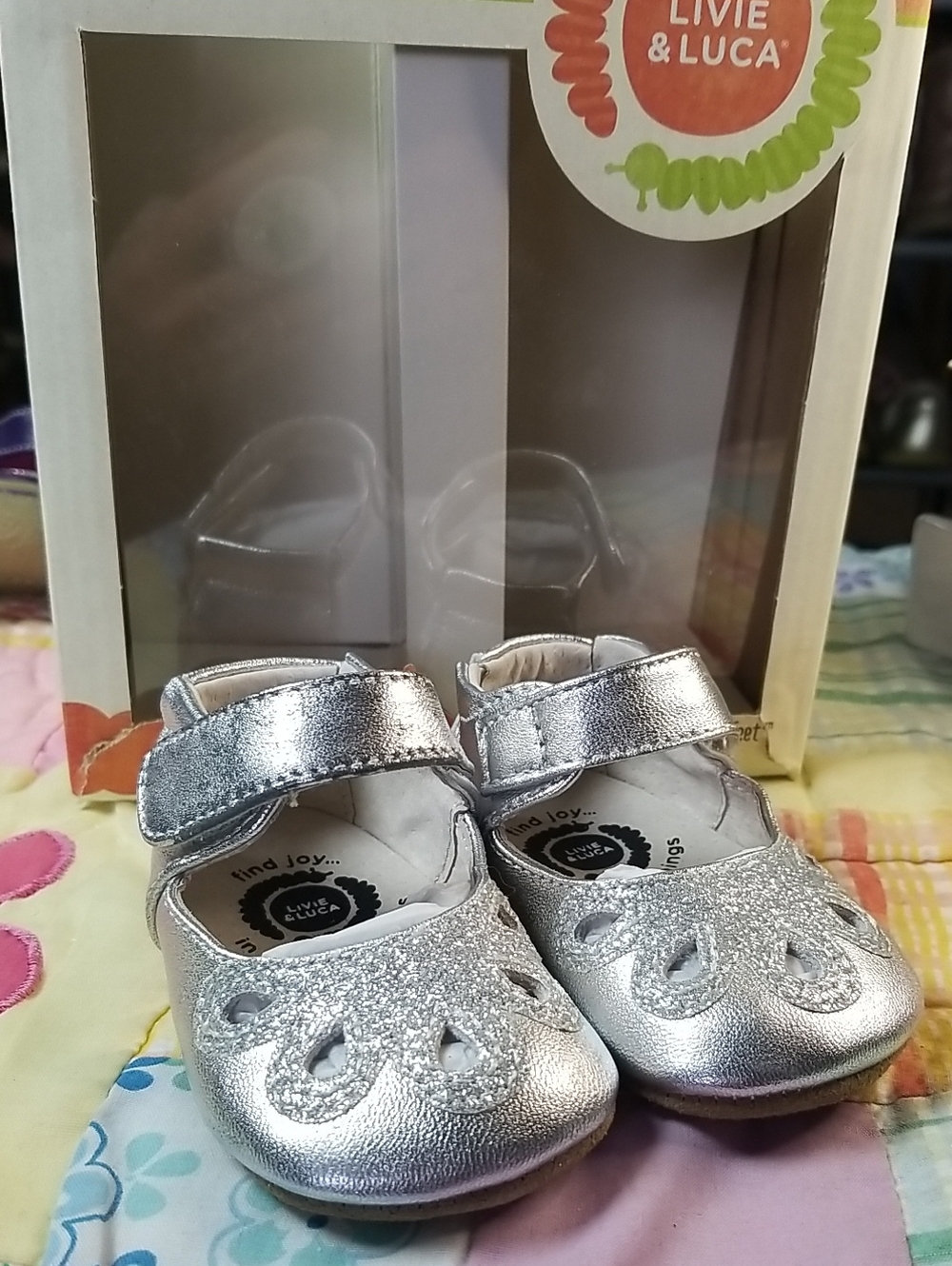 Livie & Luca Silver Metallic Leather Mary Janes with Glitter 0-6 Month Petals